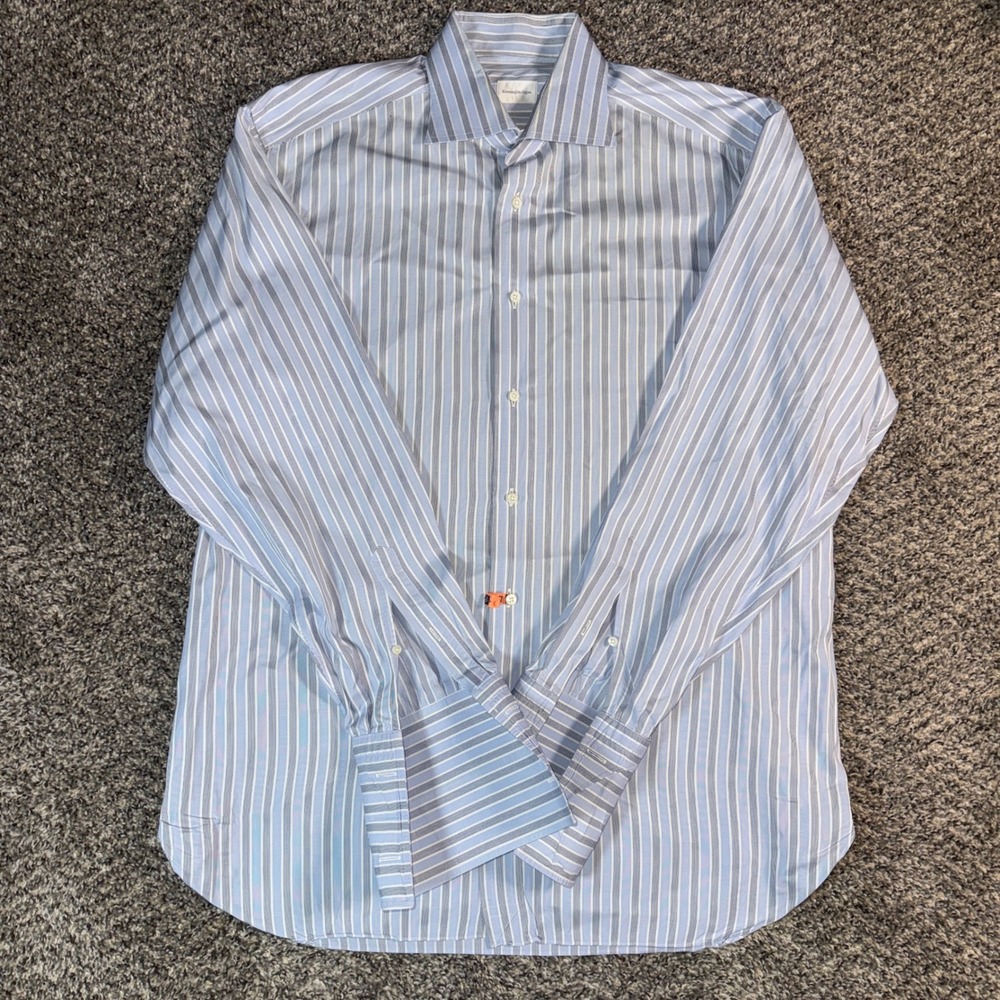 Ermenegildo Zegna 43/17 Mens Blue Striped French Cuff Dress Shirt Spread Collar